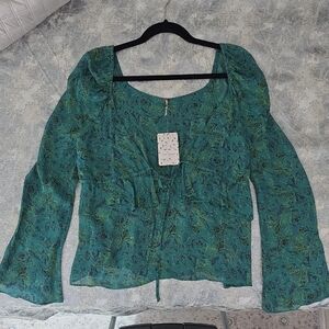Free People Green Floral Pattern Women's Top